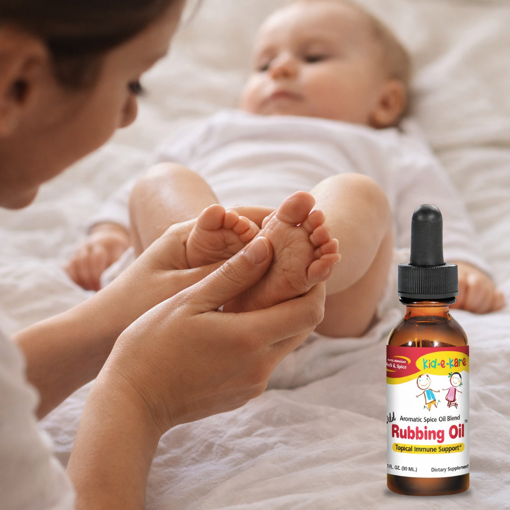 Mother massaging baby’s feet with rubbing oil.